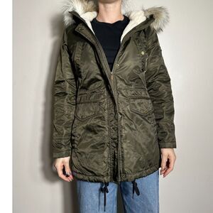 American Rag Green Puffer Jacket Faux Fur Hood Size Medium